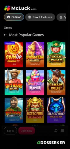 A screenshot of the mobile casino games library page for McLuck Casino